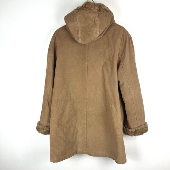 Vintage Y2K Gallery Hooded Suede Leather Penny Lane Coat Faux Fur Trim Sz L Warm - Picture 3 of 12